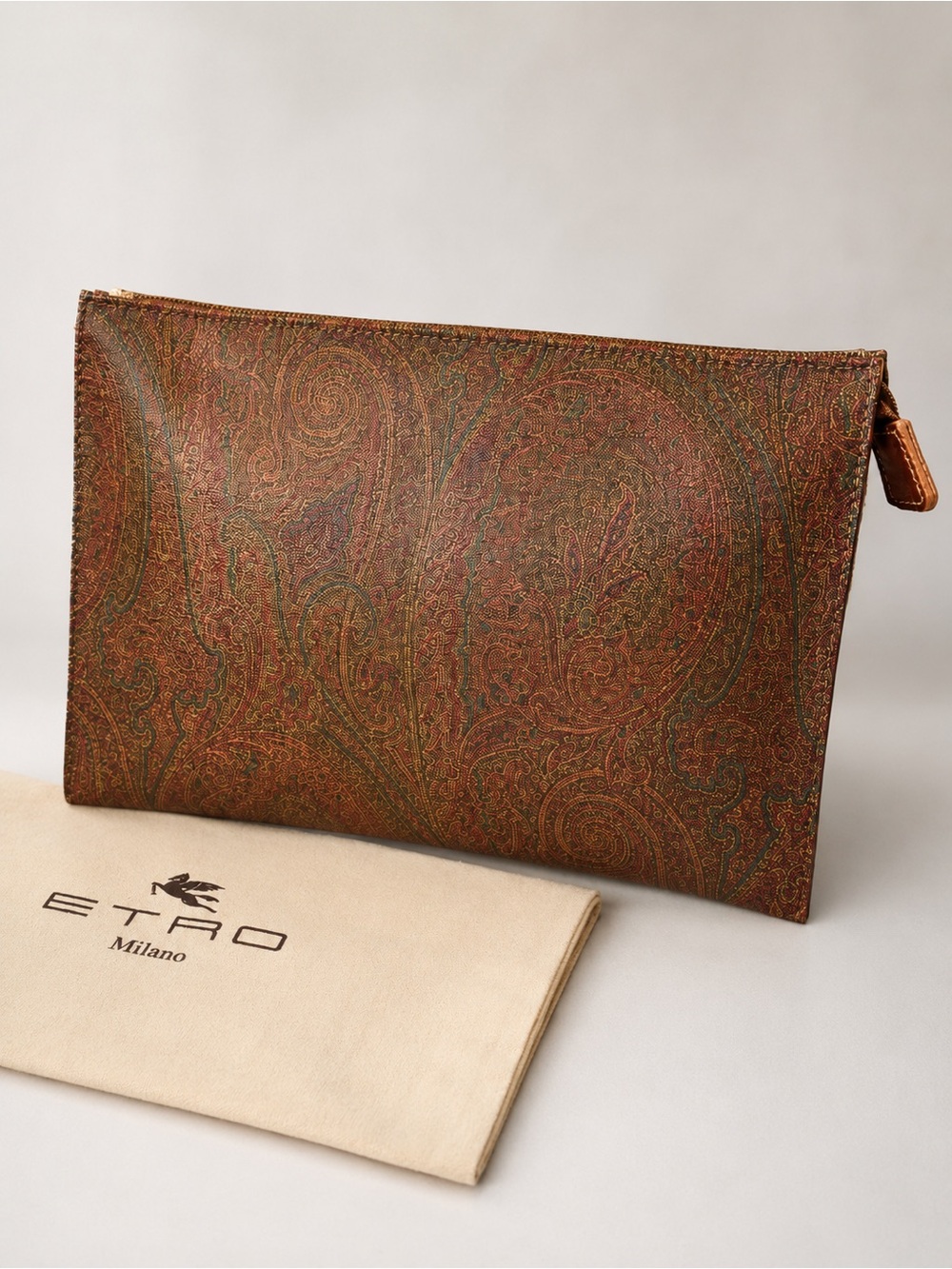 Etro Milano Paisley Leather Zip Clutch Pouch Cosmetic Bag Italy Brown Red Boho